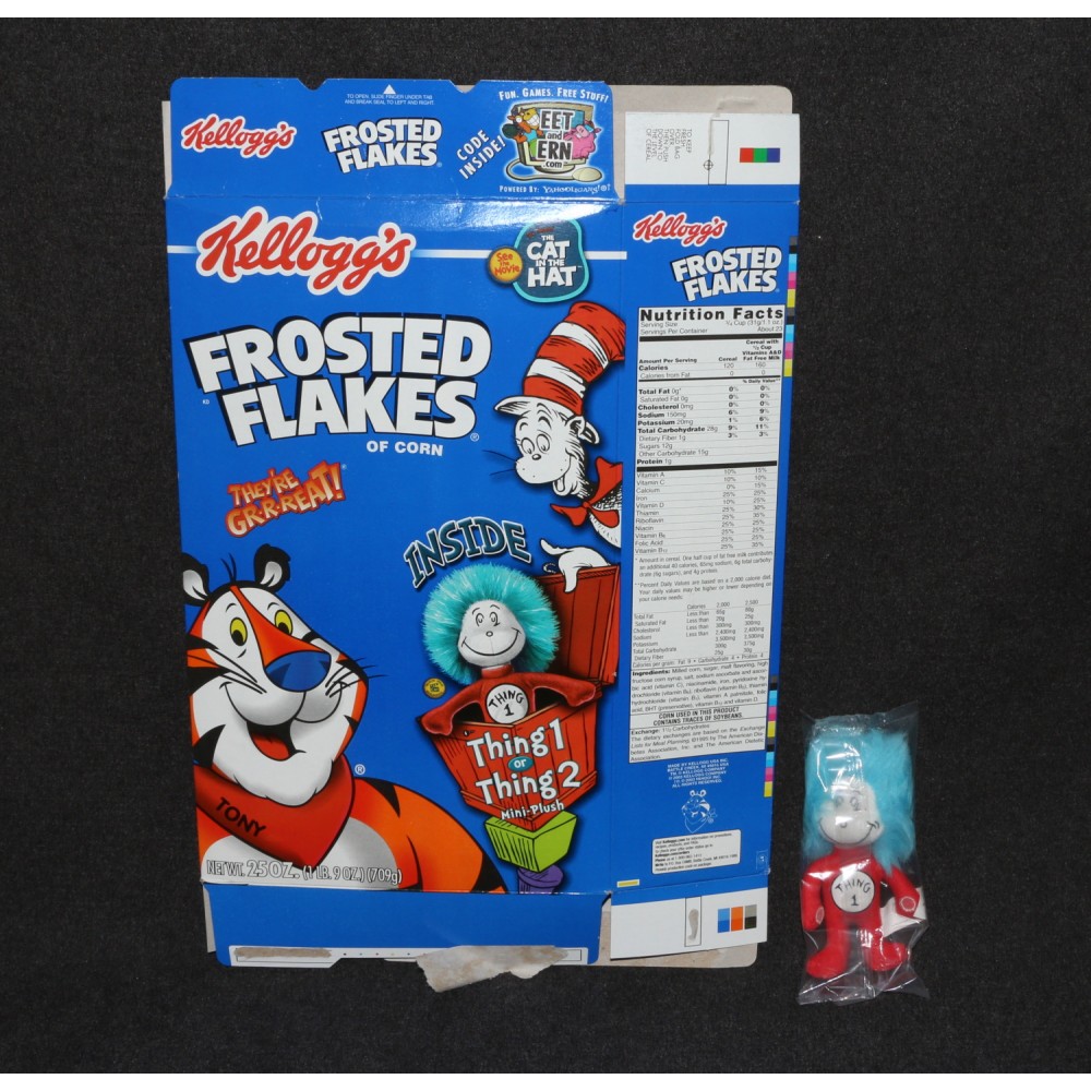 Cereal Box 2003 Kellogg's Frosted Flakes Dr Seuss Thing 1 Cat in the Hat +Doll