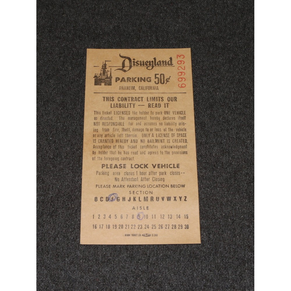 Disney 1960s Disneyland Parking Lot Ticket 50 Cents Tan