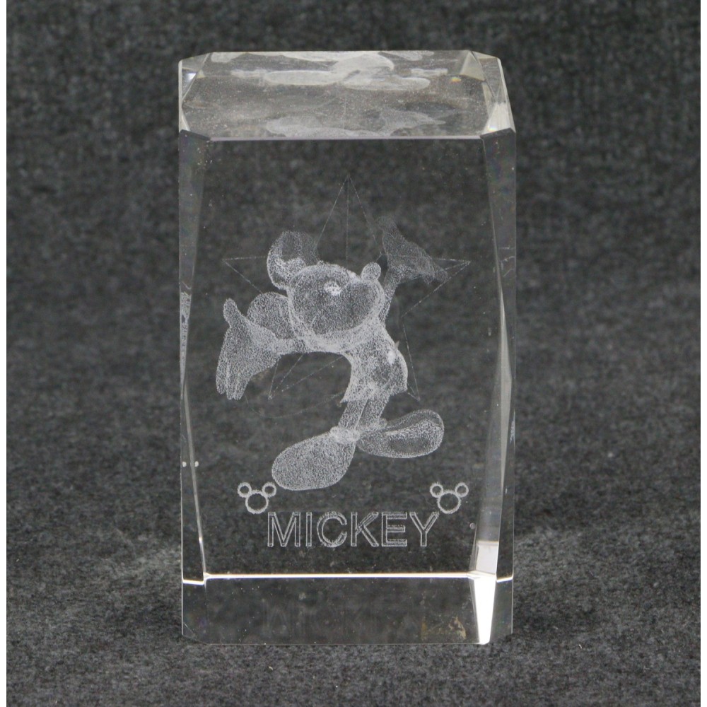 Disney Mickey Mouse 3D Laser Etched Crystal Glass Block Paperweight Hands Up