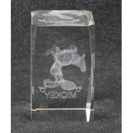 Disney Mickey Mouse 3D Laser Etched Crystal Glass Block Paperweight Hands Up