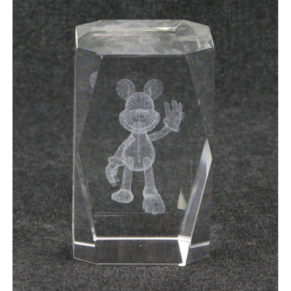 Disney Mickey Mouse 3D Laser Etched Crystal Glass Block Paperweight Walk Wave