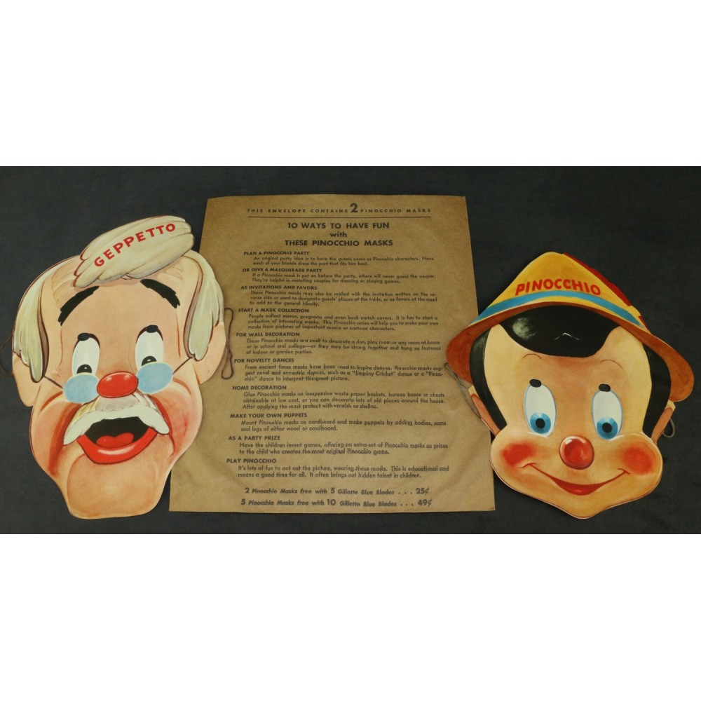 Disney 1939 Pinocchio Gillette Razor Blades Masks Set of 2 Premium Geppetto