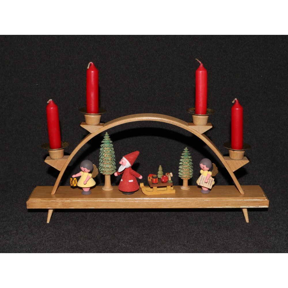 German Erzgebirge 4-Candle Wood Christmas Candelabra 1970's Santa