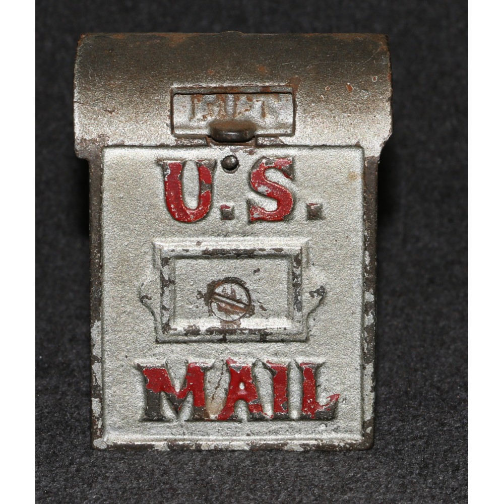 Bank Antique Cast Iron Still US Mail Box Silver Red Letters Hinged Slot Kenton