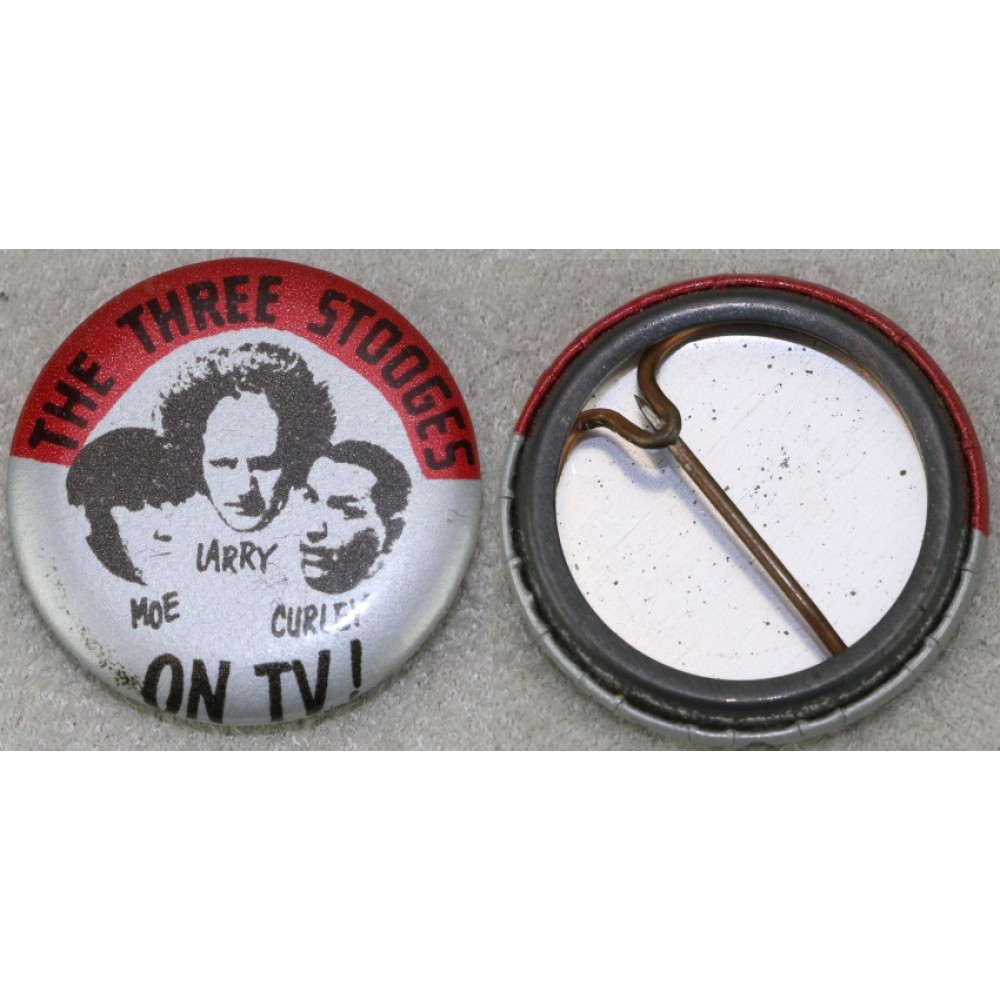 Three 3 Stooges 1950's Pinback Advertising Button Pin On TV Red