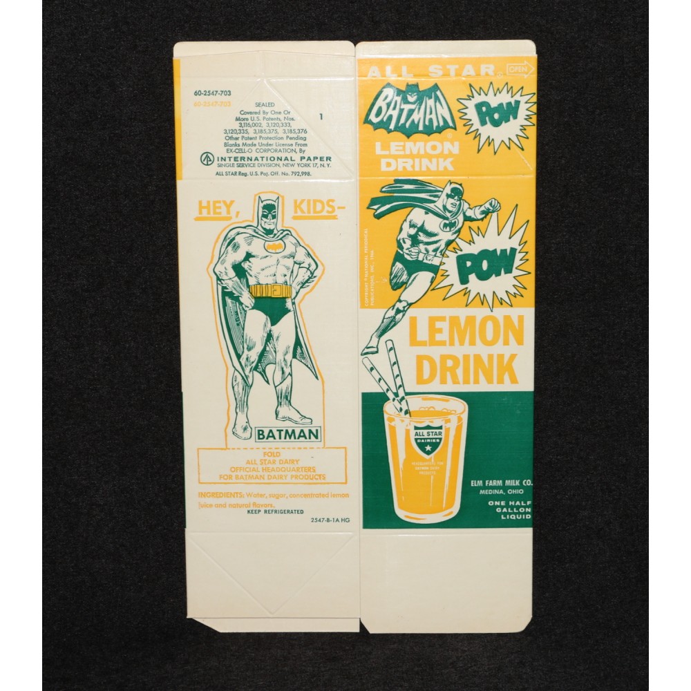 Batman 1966 Lemon Drink Unused Carton Milk 1/2 Gallon Size Cut Outs Riddler