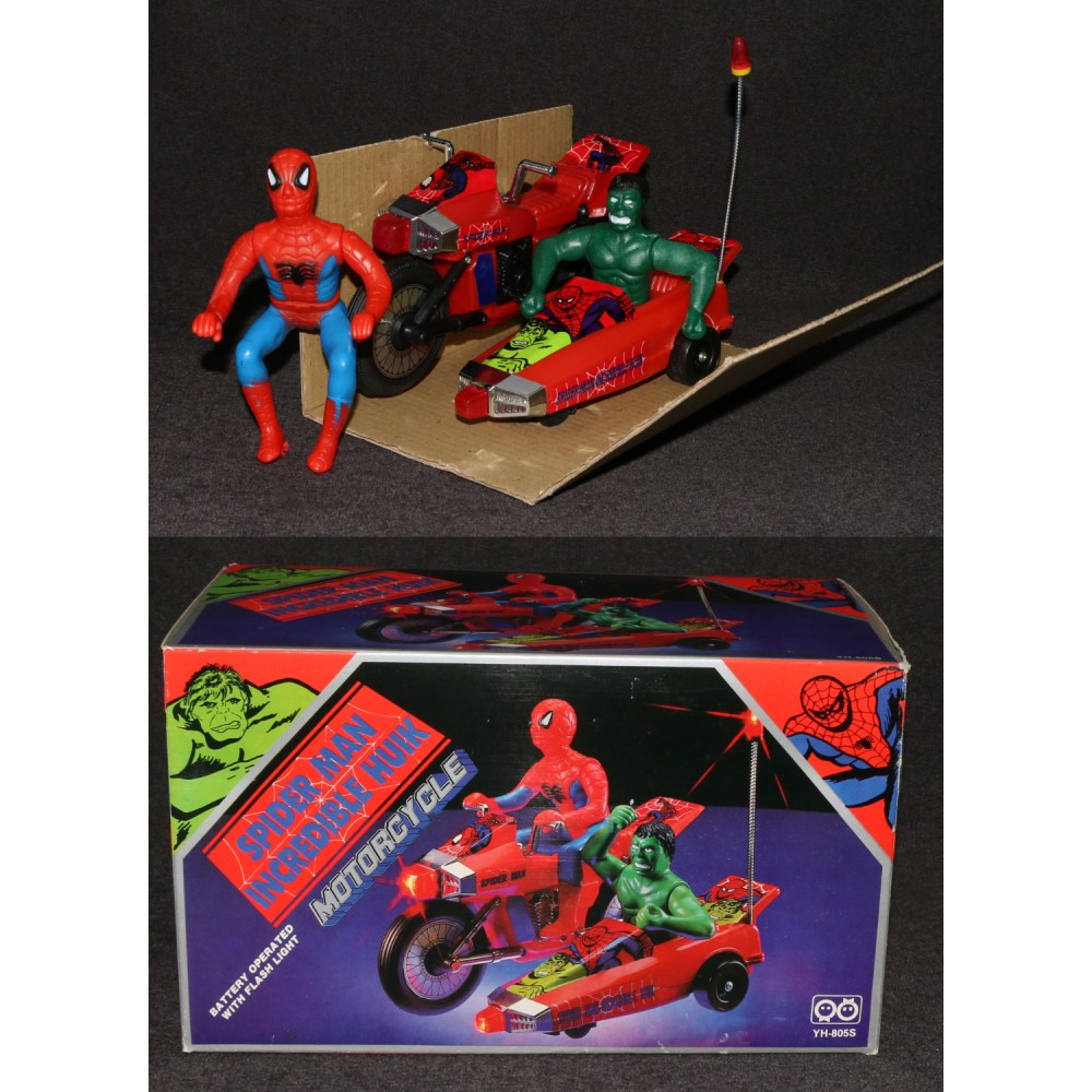 Spider-Man Hulk 1980s Motorcycle Sidecar YH-805S Battery Operated Tam Toys MIB