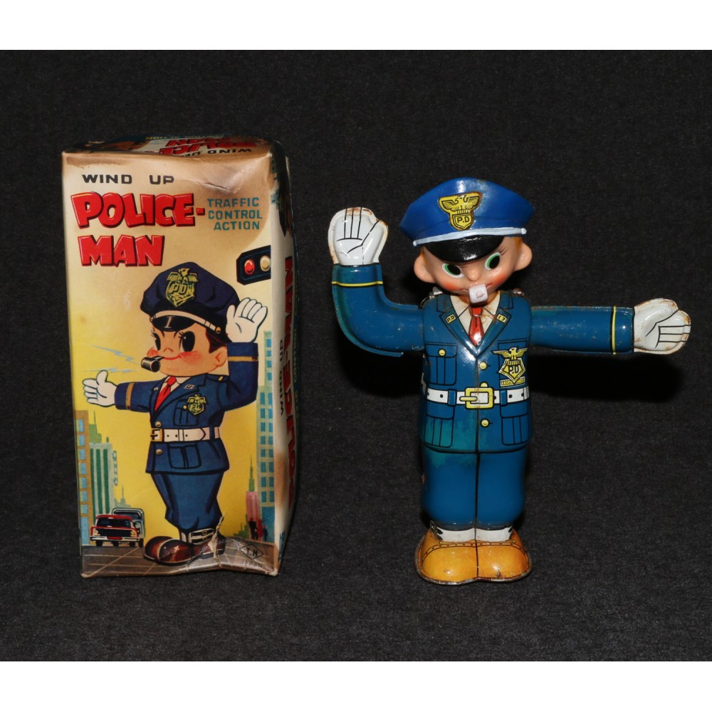 Nomura 1960s Tin Wind Up Traffic Cop Boxed Vintage