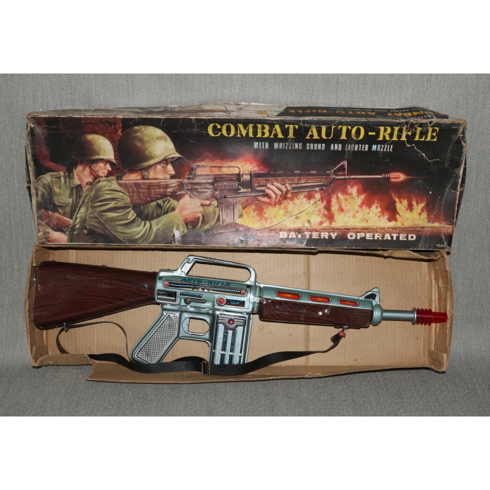 Combat Auto Toy Rifle Japanese Tin Battery Op Lights Up Boxed